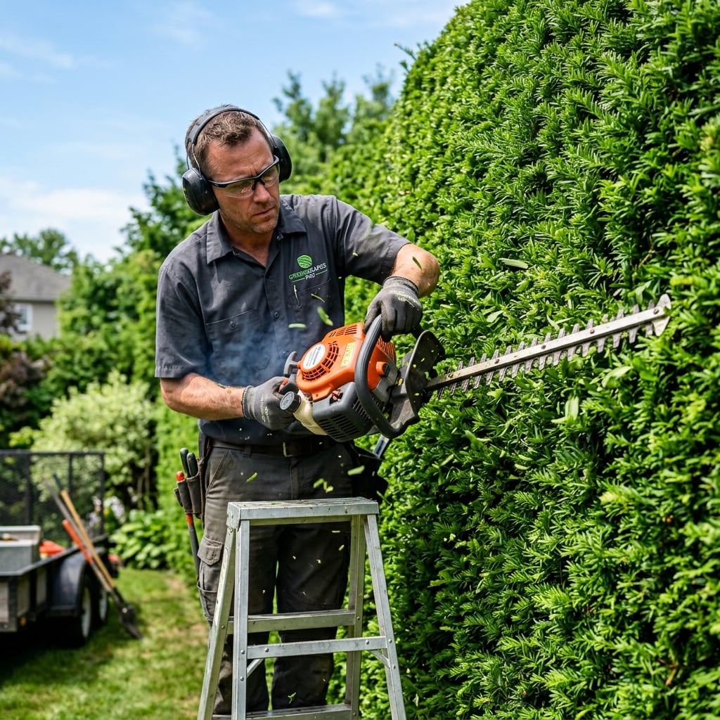 Landscaper trimming a hedge with professional tools
